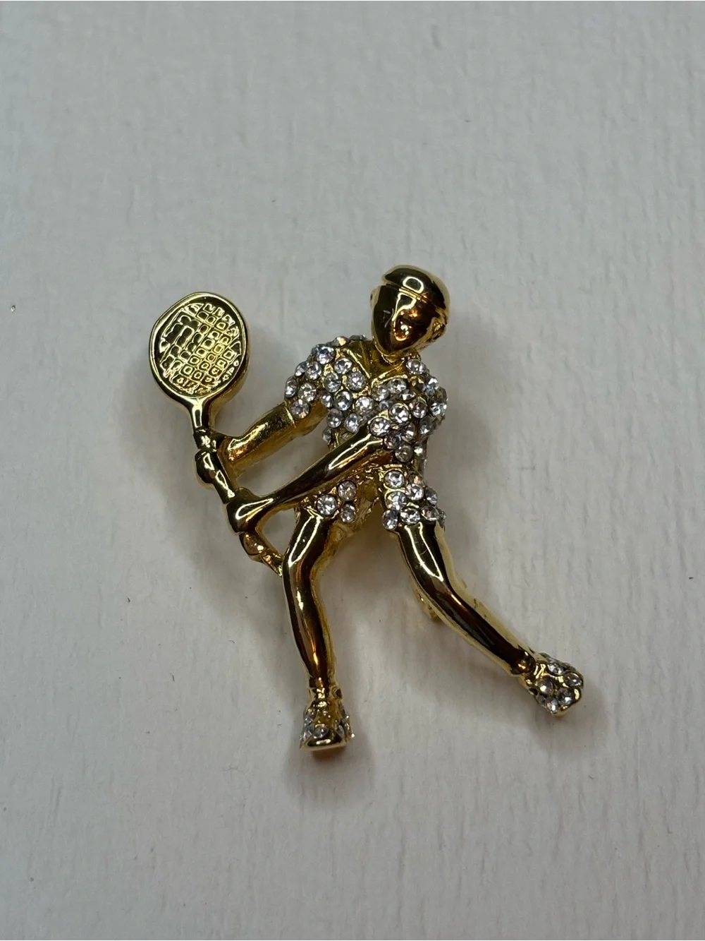 Gold Tone Tennis Player Brooch with Clear Crystal Accents